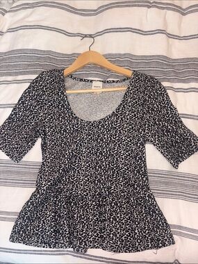 Maeve Black and White Leopard Scoop-Neck Peplum Top